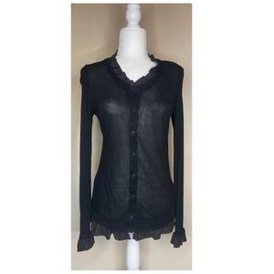 Clu Silk and Rayon Sheer Black Long Sleeve Ruffle Neckline Hem Shirt Sz Med